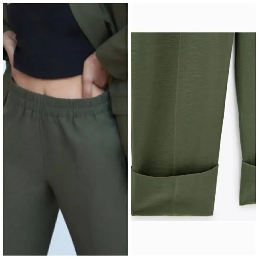 NEW Zara High Waist Olive Turn Up Hem Trousers Pants Size Small - Picture 2 of 9